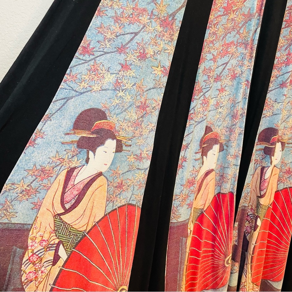 Eastern Serenity Black Red Geisha Print Flowy Stretchy Maxi Skirt | Medium - Picture 2 of 8